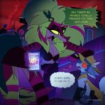 1:1 2026 anthro artist_name artsofkaye baxter_(hazbin_hotel) big_breasts black_bottomwear black_bra black_clothing black_skirt black_underwear blush bottomwear bra breasts canid canid_demon canine cape cellphone cleavage clothed clothed_anthro clothed_female clothed_male clothing demon dialogue dinosaur duo electronics english_text eyelashes fan_character feather_hair feathered_scalie feathers female fur garter_straps glistening_eyelids green_hair green_sclera green_teeth grey_body grey_fur hair hat hazbin_hotel headgear headwear hellaverse hellhound hi_res holding_cellphone holding_laptop holding_object holding_phone holding_smartphone larger_female leaning leaning_forward legwear male mammal mythological_canine mythological_creature mythology outside pattern_clothing pattern_legwear pattern_stockings phone pink_body pink_hair_tips pink_scales prehistoric_species pseudo_hair pupils red_sclera red_sky reptile scales scalie sharp_teeth shirtless_anthro shirtless_female size_difference skirt sky slit_pupils smaller_male smartphone standing stockings striped_arm striped_clothing striped_legwear striped_stockings stripes tail tan_cape tan_clothing tan_hat tan_headwear teeth text tied_hair twitter_handle underwear zeezi_(hazbin_hotel)