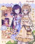  2girls alternate_costume baguette bare_shoulders blue_dress blue_eyes blush bonnet bow bread brown_dress brown_hair butter cake cherry closed_mouth columbina_(genshin_impact) commentary cookie crossed_arms cursive dress dress_bow eating emiroll_art english_commentary english_text floral_print floral_print_dress food frilled_dress frills fruit genshin_impact gingham_clothes gingham_dress grin highres long_hair long_sleeves multiple_girls multiple_views off-shoulder_dress off_shoulder pancake pancake_stack pie plate print_dress purple_hair sandrone_(genshin_impact) short_hair_with_long_locks sleeveless sleeveless_dress smile standing syrup tea_party teapot very_long_hair whipped_cream yellow_bow 