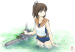  1girl aircraft blush brown_eyes brown_hair commentary dated green_water hair_between_eyes honda_yoshinobu i-401_(kancolle) kantai_collection one-piece_swimsuit orange_sailor_collar partially_submerged ponytail sailor_collar school_swimsuit shirt signature simple_background sleeveless sleeveless_shirt solo swimsuit swimsuit_under_clothes water wet wet_hair white_shirt 