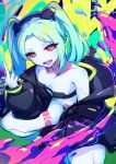  absurdres colored_sclera commentary_request cyberpunk cyberpunk_(series) cyborg highres karan_koron100 kitsch_jacket_(cyberpunk) leg_tattoo looking_at_viewer mechanical_eyes middle_finger open_mouth pink_tattoo rebecca_(cyberpunk) stomach_tattoo tattoo twintails 