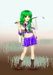  1girl alternate_color bare_shoulders blue_skirt boots brown_boots commentary_request crop_top detached_sleeves frog_hair_ornament gohei green_eyes green_hair hair_ornament holding holding_gohei kams kochiya_sanae long_hair looking_at_viewer miniskirt navel nontraditional_miko open_mouth shide skirt snake_hair_ornament solo standing touhou very_long_hair 