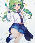  1girl alternate_costume blue_necktie blue_skirt blush cellphone chikuzen1996 clothes_around_waist collared_shirt commentary_request contemporary flip_phone frog_hair_ornament green_eyes green_hair hair_ornament hair_tubes highres holding holding_phone kochiya_sanae leg_up long_hair looking_at_viewer midriff_peek navel necktie notice_lines open_mouth phone plaid_clothes plaid_skirt school_uniform shirt single_hair_tube skirt smile snake_hair_ornament solo sweater sweater_around_waist touhou v white_shirt 