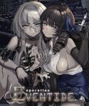 2girls 56koruru adelle_(eventide) amputee armpit_crease bags_under_eyes bare_shoulders black_hair blue_eyes blue_headdress blue_skirt breasts broken broken_cable cheek-to-cheek collarbone collared_shirt colored_fingertips copyright_name cyborg damaged dark_background elbow_gloves english_commentary exposed_internal_machinery eyes_visible_through_hair factory fishnet_gloves fishnets frilled_skirt frills gloves grey_hair grin heads_together holding holding_syringe joints key_visual knee_up kneeling large_breasts light_blush long_bangs long_hair looking_at_viewer mechabare melting miriam_(eventide) multiple_girls nude official_art operation_eventide promotional_art ribs ringlets robot_joints serious shirt sideboob sitting skin_seams skindentation skirt sleeveless sleeveless_shirt small_breasts smile syringe tareme very_long_hair yellow_eyes yuri 