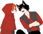  2boys animal_ears bangs_pinned_back capelet cosplay crossed_arms dress_shirt face-to-face fangs glasses green_eyes grey_vest highres hood hood_up hooded_capelet kaohom503 korekishi_eugene little_red_riding_hood_(fairy_tale_character) little_red_riding_hood_(fairy_tale_character)_(cosplay) looking_at_another male_focus multiple_boys orange_hair phantom_busters red_capelet red_eyes red_shirt round_eyewear shirt shishikuno_mogari short_hair simple_background teeth vest waistcoat werewolf white_background wolf_boy wolf_ears 