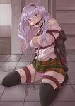  1girl absurdres arms_behind_back bdsm black_collar black_jacket black_thighhighs bondage bound bra breasts collar commentary commission crying english_commentary frogtie gag gagged hairband harris_hero highres idolmaster idolmaster_(classic) jacket kidnapped large_breasts long_hair looking_at_viewer multicolored_skirt panties pink_bra pink_panties purple_eyes restrained ring_gag rope saliva second-party_source sex_toy shibari shijou_takane shirt skirt solo story_in_commentary thighhighs underwear vibrator white_shirt 