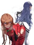  1boy 2girls ass ass-to-ass ayanami_rei blue_hair blush bodysuit brown_hair commentary_request evangelion:_3.0+1.0_thrice_upon_a_time hair_between_eyes heavy_breathing ikari_shinji kikimifukuri long_hair looking_back miniboy multiple_girls neon_genesis_evangelion open_mouth plugsuit rebuild_of_evangelion red_bodysuit red_eyes simple_background souryuu_asuka_langley sweat torn_bodysuit torn_clothes white_background white_bodysuit 