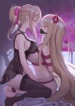  2girls absurdres anger_vein arms_behind_back bdsm black_thighhighs blonde_hair bondage bound bow bra breast_on_breast breasts cailin020 commentary commission english_commentary eye_contact femdom gag gagged highres large_breasts lily_(cailin020) long_hair looking_at_another multiple_girls negligee original panel_gag panties pink_bow ponytail red_eyes red_rope rope shibari sidelocks sitting smile thighhighs tsuki_(supertim) underwear very_long_hair white_bra white_panties yuri 