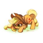  2018 applejack_(mlp) blonde_hair celebi-yoshi clothing cowboy_hat cutie_mark digital_media_(artwork) earth_pony equid equine eyelashes female feral friendship_is_magic green_eyes hair half-closed_eyes hasbro hat headgear headwear hi_res horse mammal my_little_pony narrowed_eyes orange_body pony signature solo yellow_tail 