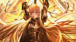  1girl antlers arm_behind_head armor arms_up artist_name black_armor black_cape black_necktie black_shirt blonde_hair breastplate breasts cape collared_shirt commentary_request don_quixote_(project_moon) dot_nose floating_hair gauntlets gold_trim hair_between_eyes hands_up haute_couture::le_noir_brand_manager_(identity)_(project_moon) highres holding holding_weapon horns limbus_company long_hair looking_at_viewer maesill778899 necktie parted_lips pauldrons project_moon shirt shoulder_armor sidelocks simple_background solo upper_body vambraces very_long_hair weapon yellow_background yellow_eyes 