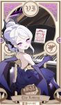  1girl artist_name back_bow bare_shoulders black_horns blue_archive bow card_(medium) chocolate commentary demon_girl demon_horns demon_wings doodle_sensei_(blue_archive) dress earrings elbow_gloves english_text evening_gown from_behind gehenna_academy_logo gloves goanchor grand_piano halo highres hina_(blue_archive) hina_(dress)_(blue_archive) horns instrument jewelry looking_at_viewer looking_back multiple_horns necklace official_alternate_costume official_alternate_hairstyle open_mouth piano purple_bow purple_dress purple_eyes purple_gloves purple_halo purple_wings roman_numeral sensei_(blue_archive) sheet_music smile solo strapless strapless_dress tarot tarot_(medium) the_lovers_(tarot) twitter_username updo white_hair wings 