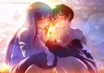  2girls artist_logo beer_can black_hair black_jacket black_skirt breasts brown_eyes can chang_chin-lan cherry_in_the_sun cigarette cleavage commentary day drink_can earrings english_commentary gujyo_kanade holding holding_can holding_lighter jacket jewelry kamiina_botan_yoeru_sugata_wa_yuri_no_hana lighter lighting_another's_cigarette logo long_hair looking_at_another multiple_girls outdoors parted_lips patreon_username purple_hair purple_sweater short_hair skirt smile smoking squatting sweater tank_top turtleneck turtleneck_sweater water white_tank_top yuri 