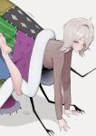  1girl 1other 3f_floor_manager_(project_moon) absurdres arm_support blanket blue_eyes breasts dot_nose extra_arms faust_(project_moon) feet from_side grabbing_own_breast grey_background grey_hair grey_sleeves grey_sweater highres legs limbus_company long_sleeves looking_at_viewer medium_hair noto12_34 project_moon pussy_juice pussy_juice_drip pussy_juice_puddle quilt ribbed_sweater simple_background sweat sweater turtleneck turtleneck_sweater white_background 