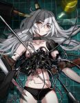  1girl 1other 56koruru adelle_(eventide) ahoge ambiguous_red_liquid bandaged_arm bandages black_gloves black_panties breasts broken cable collarbone commentary cowboy_shot cyborg damaged english_commentary exposed_internal_machinery gloves hair_spread_out highres holding holding_scalpel joints long_hair looking_at_viewer lying mechabare mechanical_arms motherboard motor_oil navel on_back operation_eventide orange_eyes panties pov pov_hands repairing restrained robot_girl robot_joints rust scalpel single_mechanical_arm skin_seams small_breasts stationary_restraints stomach surgery surgical_scissors underwear white_hair 