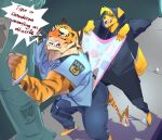 anthro barazoku barefoot biceps big_butt big_muscles black_body black_bottomwear black_clothing black_fur black_pants blonde_hair blue_bottomwear blue_clothing blue_pants blue_shirt blue_topwear blush blush_lines bottomwear bound briefs butt canid canine canis clenched_teeth clothing cocky cocky_grin crime criminal cuff_(restraint) delinquent dialogue domestic_dog dominant dominant_anthro dominant_male domination/submission duo embarrassed embarrassed_expression english_text fangs fangs_bared feet felid feline fur grey_clothing grey_hoodie grey_topwear grin grinning_at_another grinning_at_partner hair handcuffed handcuffed_to_pole handcuffs harryharold hi_res high-angle_view hoodie licking licking_lips male mammal manly markings metal_cuffs multicolored_briefs multicolored_clothing multicolored_underwear muscular muscular_anthro muscular_arms muscular_male muscular_thighs orange_body orange_fur pantherine pants pole police police_badge police_officer police_uniform restrained restrained_arms restraints shadow shirt sidewalk smile smirk smirking_at_another smirking_at_partner smirking_dom speech_bubble striped_body striped_fur striped_markings striped_tail stripes submissive submissive_anthro submissive_male tail tail_markings tan_body tan_fur teeth text thick_arms thick_thighs thug tiger tongue tongue_out topwear tough_guy underwear uniform wedgie wedgie_fetish yellow_body yellow_fur