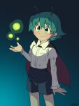  1girl antennae arthropod_girl artist_name black_cape black_shorts blush cape collared_shirt commentary cowboy_shot fireflies frilled_sleeves frills green_eyes green_hair hand_up juliet_sleeves long_sleeves puffy_sleeves punidayo red_cape shirt shirt_tucked_in short_hair shorts signature smile solo touhou two-sided_cape two-sided_fabric white_shirt wriggle_nightbug 