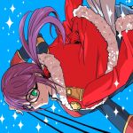  1girl arrow_(projectile) badge black-framed_eyewear blue_background blue_jacket blue_skirt closed_mouth collared_shirt commentary english_commentary flipped_bangs from_side fur-trimmed_jacket fur_trim glasses green_eyes hair_between_eyes hand_up highres holding holding_arrow hoshimi_junna jacket jacket_on_shoulders kon_kyk_03 long_hair long_sleeves looking_at_viewer outstretched_arm pleated_skirt ponytail purple_hair red_jacket red_sash sash shirt shoujo_kageki_revue_starlight shoulder_sash sidelighting sidelocks skirt smile solo sparkle star_(symbol) upper_body waist_cape white_shirt yellow_trim 