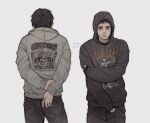  2boys absurdres beard_stubble black_hair black_hoodie commentary cosplay costume_switch cry_of_fear facial_hair front_and_back grey_hoodie hand_on_own_arm highres hood hood_down hood_up hoodie looking_at_viewer lucia_s male_focus multiple_boys nikolas_randl nikolas_randl_(cosplay) print_hoodie pyromaniac short_hair simon_henriksson simon_henriksson_(cosplay) stubble 
