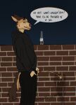 alcohol alcohol_bottle anthro beer beer_bottle beverage beverage_bottle black_bottomwear black_clothing black_hoodie black_pants black_topwear bodily_fluids bottle bottomwear brick brick_background brick_wall bro brown_body brown_eyebrows brown_eyes brown_fur canid canine canis clothing container dialogue domestic_dog english_text eyebrows fur genital_fluids genitals german_shepherd grabbing_own_penis grin grinning_at_viewer hand_on_own_penis hand_on_penis herding_dog hi_res holding_own_penis holding_penis hoodie looking_at_viewer male male_peeing mammal manly muscular muscular_anthro muscular_male night pants pastoral_dog peeing peeing_on_wall penis penis_grab public public_indecency public_nudity public_urination slipstreamtease smile smiling_at_viewer smirk smirking_at_viewer solo speech_bubble standing tail text thick_eyebrows topwear urine urine_drip urine_from_penis urine_on_wall urine_stain urine_stream wall_(structure) watersports yellow_urine