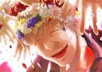  1boy brown_shirt closed_eyes commentary_request falling_petals flower head_wreath male_focus monster_(manga) open_mouth petals purple_flower red_petals shirt smile solo white_flower white_petals wolfgang_grimmer yellow_flower yyi_(monsterlogs) 