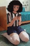  1girl absurdres afro bags_under_eyes bed black_eyes black_nails blue_carpet blue_skirt breasts carpet casato commentary curly_hair ellie_(casato) english_commentary fingernails highres holding holding_phone long_fingernails looking_at_viewer miniskirt on_floor original phone portuguese_text shirt sitting skirt soccer_uniform solo sportswear striped_clothes striped_shirt thick_thighs thighhighs thighs wariza white_thighhighs 