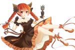  1girl :d alternate_costume animal_ears bow braid cat_ears cat_tail dress highres kaenbyou_rin long_hair multiple_tails off-shoulder_dress off_shoulder red_hair reiuji_utsuho reiuji_utsuho_(bird) simple_background smile solo sora_223 tail touhou twin_braids white_background 