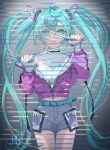  1girl absurdres aqua_eyes aqua_hair aqua_nails blinds curtains grey_shorts hatsune_miku highres jacket long_hair looking_at_viewer nail_polish parted_lips pink_jacket rolling-ruffles shirt shorts solo turtleneck twintails very_long_hair vocaloid white_shirt window 