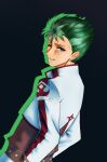  1boy absurdres blue_eyes commentary cropped_jacket drop_shadow dutch_angle earrings eiyuu_densetsu english_commentary from_side green_background green_hair green_streaks hair_slicked_back half-closed_eye highres jacket jewelry kevin_graham long_sleeves looking_at_viewer male_focus multicolored_hair one_eye_closed parted_bangs rinzxzx7 short_hair simple_background smile solo sora_no_kiseki sora_no_kiseki_sc spiked_hair streaked_hair turning_head two-tone_hair upper_body white_jacket 