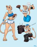 3_toes 49ersrule07 abs american_football anthro athletic_wear belly_tuft blue_background blue_bottomwear blue_bra blue_clothing blue_eyes blue_pants blue_underwear bottomwear bra breasts chair claws clothing colored crop_top detroit_lions dialogue digital_media_(artwork) digitigrade engine english_text feet felid female finger_claws fingers footwear full-length_portrait fur furniture gesture gloves grease grey_bottomwear grey_clothing grey_crop_top grey_pants grey_shirt grey_topwear gym_bottomwear gym_shorts half-closed_eyes hand_gesture hand_wraps handwear happy hi_res holding_object humanoid_hands licking licking_lips lion long_tail looking_at_viewer mammal mechanic medium_breasts midriff multiple_poses muscular muscular_anthro muscular_female narrowed_eyes navel open_mouth open_smile pantherine pants pointing pointing_at_viewer portrait pose shaded shirt shoes shorts simple_background sitting small_waist smile solo sport sports_bra standing tail talking_to_viewer tan_body tan_fur text three-quarter_portrait toes tongue tongue_out topwear tuft underwear white_bottomwear white_clothing white_shorts wide_hips wraps