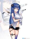  1girl arknights black_skirt blue_eyes blue_hair blush breasts cameo charm_(object) clothes_lift cowboy_shot dark_halo demon_horns demon_tail energy_wings exusiai_(arknights) gloves halo highres holding holding_syringe horns kuroshiroemaki large_breasts lifted_by_self long_hair looking_at_viewer microskirt midriff mostima_(arknights) navel shirt shirt_lift skirt smile solo syringe tail thigh_strap thighhighs white_gloves white_shirt white_thighhighs zoom_layer 