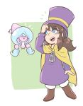  2girls a_hat_in_time blue_hair boots brown_boots brown_hair cape child closed_eyes commentary crossover english_commentary finger_on_hat floating hat hat_kid hat_ribbon hattrem jacket long_sleeves looking_at_another medium_hair multiple_girls notice_lines open_mouth pants pokemon pokemon_(creature) ponytail purple_hat purple_jacket ribbon sidelocks smile starryfruit teeth top_hat twintails upper_teeth_only white_pants yellow_cape yellow_ribbon zipper_pull_tab 