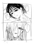  10skzin 2girls absurdres alien_stage black_hair bob_cut hair_between_eyes hair_over_one_eye highres long_hair mizi_(alien_stage) monochrome multiple_girls short_hair smile sua_(alien_stage) thick_eyebrows 