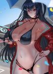  1girl azur_lane bikini black_bikini black_choker black_hair breasts choker day hand_on_hip highres holding holding_umbrella huge_breasts inomaru_(2532) jacket long_hair looking_at_viewer multi-strapped_bikini official_alternate_costume open_clothes open_jacket outdoors race_queen red_eyes red_jacket solo stomach swimsuit taihou_(azur_lane) taihou_(enraptured_companion)_(azur_lane) umbrella 