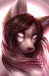  anthro bloominglynx brown_body brown_ears brown_fur brown_hair brown_nose bust_portrait canid female front_view fur glistening glistening_hair hair hi_res mammal pink_eyes pink_pupils portrait pupils signature simple_background solo tan_body tan_fur teeth 