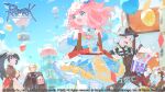  2girls 3boys aircraft angeling animal_ears backpack bag balloon belt beretta_de_camera blonde_hair blossom_(ragnarok_online) blue_belt blue_eyes blue_skirt blue_sky bow bowtie brown_belt brown_coat brown_dress brown_gloves brown_hat brown_shirt bucket building cape cat_boy cat_ears coat copyright_name copyright_notice cowboy_shot day deviling dress drops_(ragnarok_online) fedora food fountain furry furry_male gloves green_pants hat highres holding holding_bucket hot_air_balloon house hyper_novice_(ragnarok_online) jejeling kafra_uniform logo long_hair long_sleeves looking_at_another maid maid_headdress multiple_boys multiple_girls night_watch_(ragnarok_online) official_art official_wallpaper open_mouth outdoors pants pantyhose pink_hair pleated_skirt ponytail popcorn popcorn_bucket puffy_long_sleeves puffy_short_sleeves puffy_sleeves ragnarok_online red_belt red_cape red_eyes shirt short_hair short_ponytail short_sleeves skirt sky smile spirit_handler_(ragnarok_online) star_(symbol) varmunt white_bow white_bowtie white_hair white_pants white_pantyhose white_shirt yasubaru yellow_eyes 