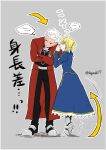  1boy 1girl ahoge archer_(fate) artist_name artoria_pendragon_(fate) blonde_hair braid braided_base braided_bun bun_with_braided_base commentary_request dark-skinned_male dark_skin dress fate/grand_order fate_(series) green_eyes hair_bun hair_slicked_back highres kogashi17 saber_(fate) signature size_difference spiked_hair twitter_username white_hair 