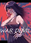  1girl belt black_hair blood blood_on_clothes blood_on_face blood_stain breasts chainsaw_man cross_scar dress eyelashes finger_to_mouth fourth_east_high_school_uniform hand_on_own_hip highres long_hair long_sidelocks long_sleeves medium_breasts pinafore_dress pleated_skirt red_eyes ringed_eyes scar scar_on_cheek scar_on_face scar_on_nose school_uniform shirt sidelocks skirt sleeveless sleeveless_dress suspender_skirt suspenders user_utmk4342 white_shirt yoru_(chainsaw_man) 