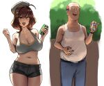  1boy 1girl :d ahoge anis_(nikke) backlighting bald beer_can belt bill_dauterive black_shorts blue_pants breasts brown_eyes brown_hair can cleavage commentary drink_can english_commentary eu03 goddess_of_victory:_nikke grey_hat grey_sports_bra hands_up hat highres holding holding_can king_of_the_hill large_breasts looking_at_viewer midriff navel outdoors pants shirt_tucked_in short_hair shorts smile soda_can sports_bra standing tank_top thighs v-shaped_eyebrows white_tank_top 