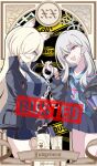  2girls absurdres animal_ear_fluff animal_ears artist_name blonde_hair blue_archive blue_eyes blue_halo blue_jacket blue_necktie blue_shirt blue_skirt breasts card_(medium) caution_tape collared_shirt commentary cuffs cup disposable_cup dog_ears dog_girl english_text floral_print floral_print_shirt glock goanchor grey_eyes grey_hair grey_halo grey_jacket gun hair_over_one_eye halo handcuffs handgun hawaiian_shirt highres holding holding_gun holding_handcuffs holding_weapon jacket judgement_(tarot) kanna_(blue_archive) konoka_(blue_archive) large_breasts long_hair long_sleeves looking_at_viewer loose_necktie mask mask_pull miniskirt mouth_mask mug multiple_girls necktie notched_ear open_collar pencil_skirt pleated_skirt police police_uniform policewoman print_shirt roman_numeral sharp_teeth shirt skirt surgical_mask tarot tarot_(medium) teeth twitter_username weapon white_mask 