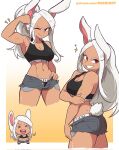  1girl abs alternate_hairstyle animal_ears ass bare_shoulders black_sports_bra boku_no_hero_academia breasts chibi closed_mouth cutoffs dark-skinned_female dark_skin dashi english_text flexing gradient gradient_background grin high_ponytail highres large_breasts long_hair looking_at_viewer mirko multiple_views patreon_username pose rabbit_ears rabbit_tail red_eyes round_teeth short_shorts shorts smile sports_bra tail teeth thighs twisted_torso upper_teeth v-shaped_eyebrows web_address white_hair 