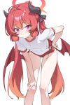  1girl bent_over black_horns blue_archive buruma commentary_request demon_girl demon_horns demon_wings feet_out_of_frame gradient_hair gradient_halo gym_shirt gym_uniform halo hand_on_own_hip hand_on_own_knee highres horns hr.r junko_(blue_archive) low_wings multicolored_hair multicolored_halo official_alternate_costume orange_hair orange_halo purple_eyes red_buruma red_hair red_halo red_wings shirt short_sleeves simple_background sketch slit_pupils solo twintails two-tone_hair two-tone_halo white_background white_shirt wings 