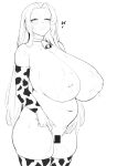  1girl absurdres animal_print bangs bar_censor bare_shoulders bell blush breasts censored closed_eyes collarbone commentary cow_print cowbell elbow_gloves gloves greyscale heart highres huge_breasts long_hair monochrome navel nipples nude open_mouth original parted_bangs plump simple_background smile sogogistew solo standing sweat thighhighs 