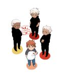 4boys archer_(fate) archer_alter_(fate) black_jacket brown_eyes chibi child commentary dark-skinned_male dark_skin emiya_alter emiya_shirou fate/grand_order fate/stay_night fate_(series) grey_eyes highres jacket multiple_boys red_hair sai_(mcy1229) shirt simple_background smile t-shirt white_background white_hair yellow_eyes 