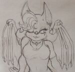 anthro armwear back_wings bat bat_wings breasts cleavage clothed clothing elbow_gloves eyelashes female gloves handwear head_tuft lips mammal membrane_(anatomy) membranous_wings one_eye_closed pointy_ears pointy_nose prick_ears rouge_the_bat sega solo sonic_the_hedgehog_(series) thick_lips traditional_media_(artwork) tuft unknown_artist wings