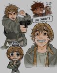  1boy :p ;p avichuella beanie beard_stubble blood blood_on_face brown_hair bryan_hodukavich clenched_teeth english_text facial_hair gun handgun hat highres holding holding_gun holding_weapon hood hood_down hooded_jacket jacket male_focus multiple_views one_eye_closed open_mouth pom_pom_(clothes) pom_pom_beanie resident_evil resident_evil_(2026_movie) short_hair source_quote stubble sweatdrop teeth tongue tongue_out vest weapon 