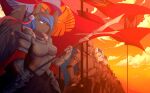 2018 anthro armor blue_eyes blue_hair clothing cloud detailed detailed_background equid equine feathered_wings feathers female flag flag_(object) flower gloves grey_armor grey_body group hair hakkids2 handwear hasbro headgear helmet holding_object holding_weapon male mammal melee_weapon my_little_pony mythological_creature mythological_equine mythology outside pegasus plant polearm sky spear sword warrior weapon white_body wings