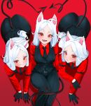  3girls absurdres all_fours animal_ears arm_garter ass belt_buckle black_gloves black_pants black_vest buckle cerberus_(helltaker) collared_shirt commentary demon_girl demon_tail dog_ears fang fang_out from_above from_behind gloves grin helltaker highres leon_kunisagi long_hair long_sleeves looking_at_viewer looking_up low-tied_long_hair multiple_girls open_mouth pants parted_bangs red_background red_eyes red_shirt shadow shirt siblings simple_background sisters sitting smile tail triplets untranslatable_commentary vest waistcoat white_hair 
