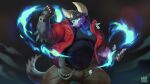 absurd_res anthro arm_spikes belt belt_chain black_body black_clothing black_shirt black_topwear blue_body blue_fire bottomwear clock clothed clothing colored_fire digital_media_(artwork) dog_tags dragon elbow_spikes elemental_manipulation facial_horn fangs fingerless_gloves fire fire_manipulation fist gloves gui_(direwarewolf) handwear head_horn hi_res horn jacket jewelry male muscular mythological_creature mythological_scalie mythology necklace nose_horn open_clothing open_jacket open_mouth open_topwear pants pecs raised_fist raised_hand red_clothing red_jacket red_topwear scalie serious shirt solo spikes spikes_(anatomy) tail teeth thick_horn topwear watch wingless_dragon wristwatch wufrick yellow_eyes