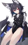 1girl :q animal_ear_fluff animal_ears black_gloves black_hair gloves licking_lips lifted_by_self long_sleeves looking_at_viewer original red_eyes sasa_onigiri short_hair simple_background smile tail thighs tongue tongue_out white_background wolf_ears wolf_girl wolf_tail 