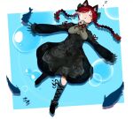  1girl animal_ears bird bow braid bubble cat_ears cat_tail dress drop_shadow fish hair_bow kaenbyou_rin long_sleeves multiple_tails red_hair sleeping solo tail touhou twin_braids two_tails underwater winu_(hertrion) zzz 
