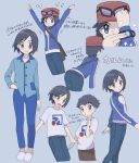  2boys arms_up arrow_(symbol) bag bangs black_hair blue_jacket blue_pants brown_pants calem_(pokemon) closed_mouth commentary_request grey_background grey_eyes hand_up highres jacket long_sleeves male_focus multiple_boys pants pokemon pokemon_(game) pokemon_legends:_arceus pokemon_xy print_shirt rei_(pokemon) sana_(37pisana) shirt short_hair shoulder_bag slippers smile sparkle t-shirt translation_request v white_footwear 